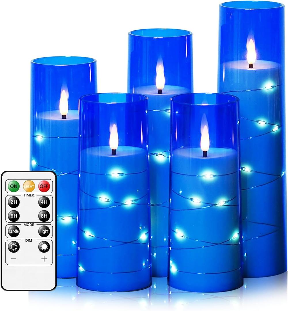 kakoya Flameless LED Candles with Timer 5 Pc Flickering Flameless Candles for Romantic Ambiance and Home Decoration Stable Acrylic Shell,with Embedded Star String Battery Operated Candles Blue