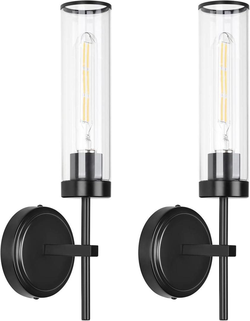Wall Sconces,Wall Lighting Indoors Set of Two,16" 60W Black Modern Bathroom Sconces Wall Lighting with Clear Glass Shade for Living Room Corridor Mirror Bedroom Stairs (Hard Wired, Black-Hard Wired)