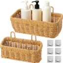 2 PCS Wall Hanging Baskets, Woven Storage Organizer Set, Rattan Style Shelf with Adhesive Hooks, Metal Frame Basket, Bohemian Decor Holder for Bathroom Kitchen Living Room