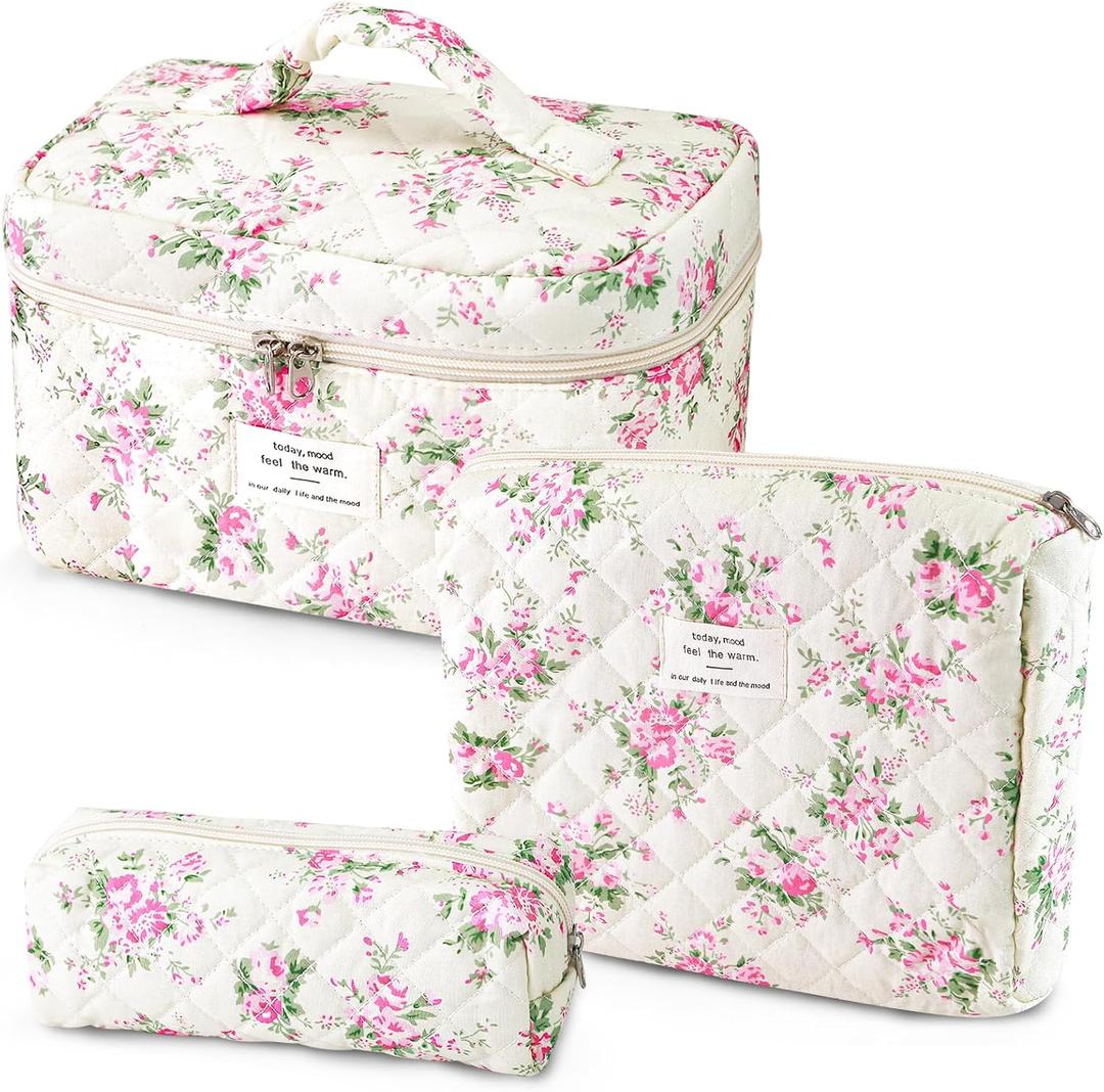 Givurao 3Pcs Cotton Quilted Makeup Bag for Women Girls, Large Floral Cosmetic Bag Set Cute Makeup Brushes Aesthetic Accessories Storage Bag Pink Flower Travel Toiletry Bag Organizer