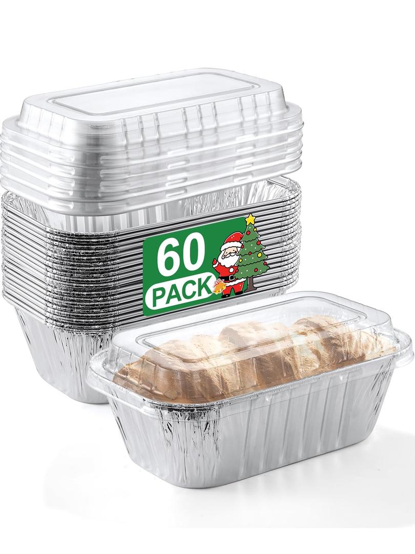 NEEBAKE 60 Pack 6x3.5x2 Disposable Aluminum Loaf Pans with Lids Small Aluminum Foil Pans Tin Foil Baking Pans Tin Trays Food Containers for Baking Cakes Bread Meat Loaves