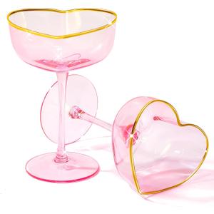 2 Pack Wedding Heart Shaped Champagne Flutes Pink Coupe Martini Glasses Cocktail Toasting Glasses Wine Cups with Gold Rim for Bridal Shower Celebrations Girl Birthday Party Supplies(Classic)