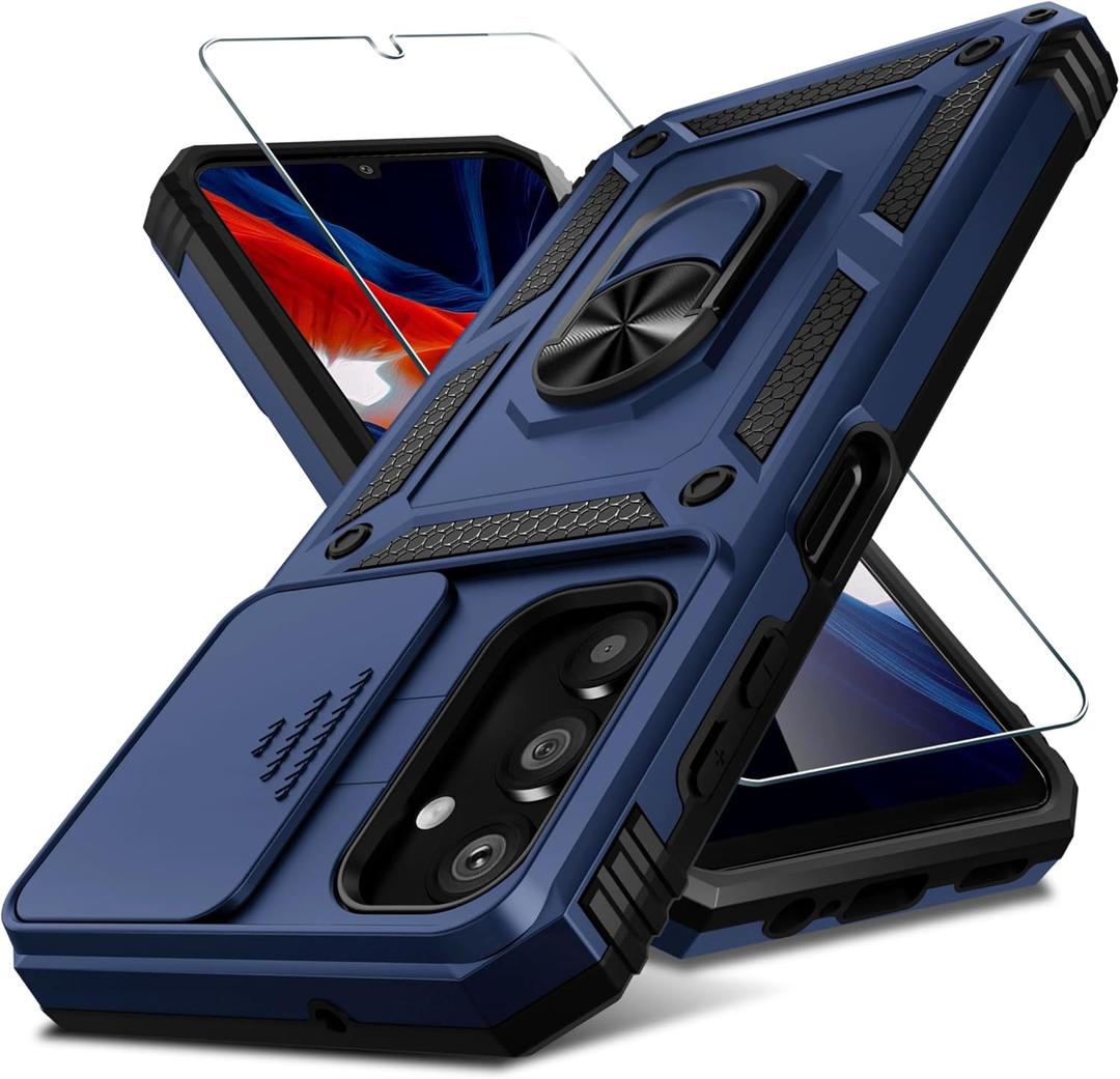 Janmitta Compatible with Galaxy A25 5G Case Built in Slide Camera Lens Cover+Screen Protector+Finger Ring Holder Kickstand,Heavy Duty Shockproof Full Body Phone Cover,2024 Blue