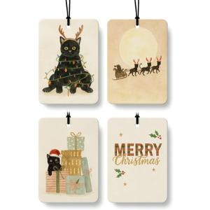 Black Cat Christmas Berry Car Air Freshener 4 Pcs, Cat Lover Gifts, Merry Christmas Hanging Air Freshener for Cars Closet Drawer Books, Cute Xmas Car Accessories Mirror Decor for Women