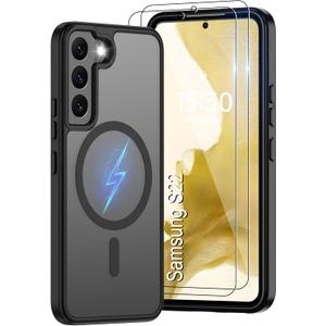 for Samsung Galaxy S22 Case [Compatible with Magsafe] Translucent Matte Magnetic Phone Case,Slim Thin Duty Shockproof Protection Cover with 2pc HD Screen Protector-Black