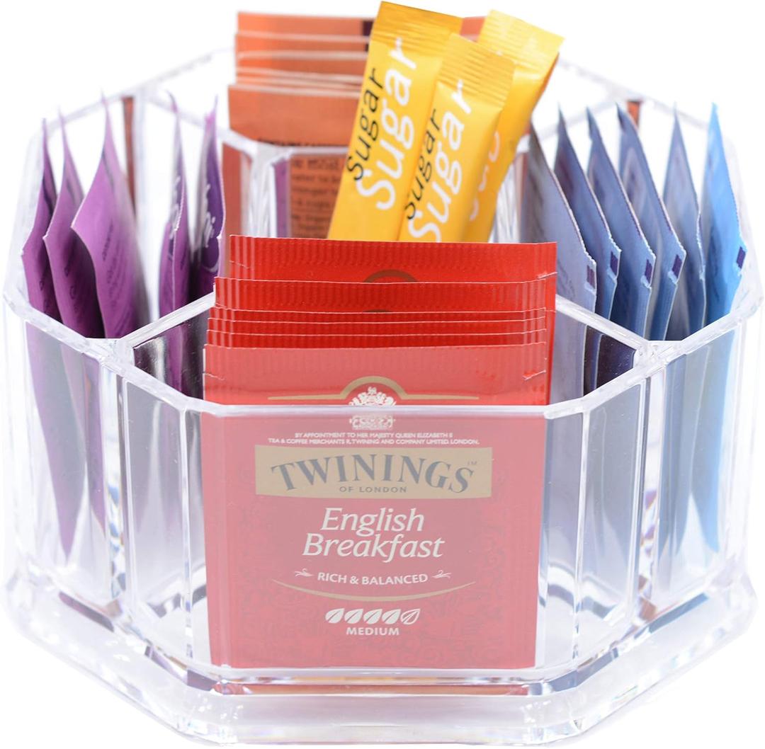 Tea Organizer - Clear Acrylic Tea Bag & Sugar Packet Holder for Pantry, Cabinet, Countertop & Coffee Station