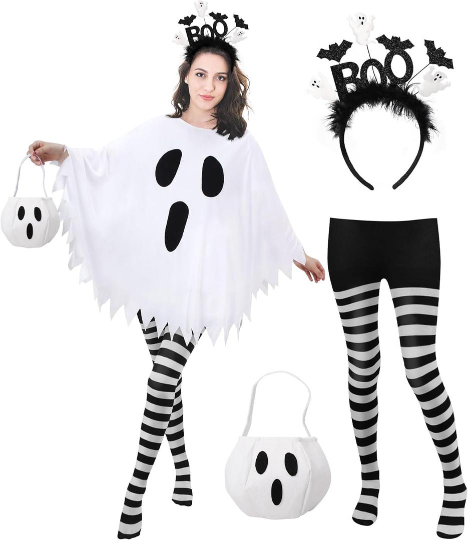 4 Pcs Ghost Costume Adult with Accessories,Ghost Costume Women Poncho/Bag/Headband/Tights Halloween Cosplay