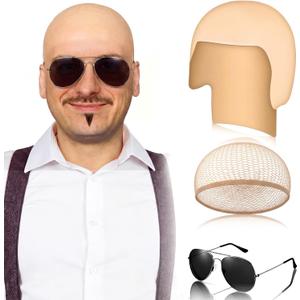 Mepase Halloween Bald Cap with Glasses Bald Head Wig Cap Party Costume Accessories for Adults Women Men Cosplay