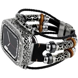 Compatible with Apple Watch 45mm 44mm Band with Metal Case, Leather Boho Bracelet Vintage Style Watch protector for iwatch Series 9/8/7/SE/6/5/4