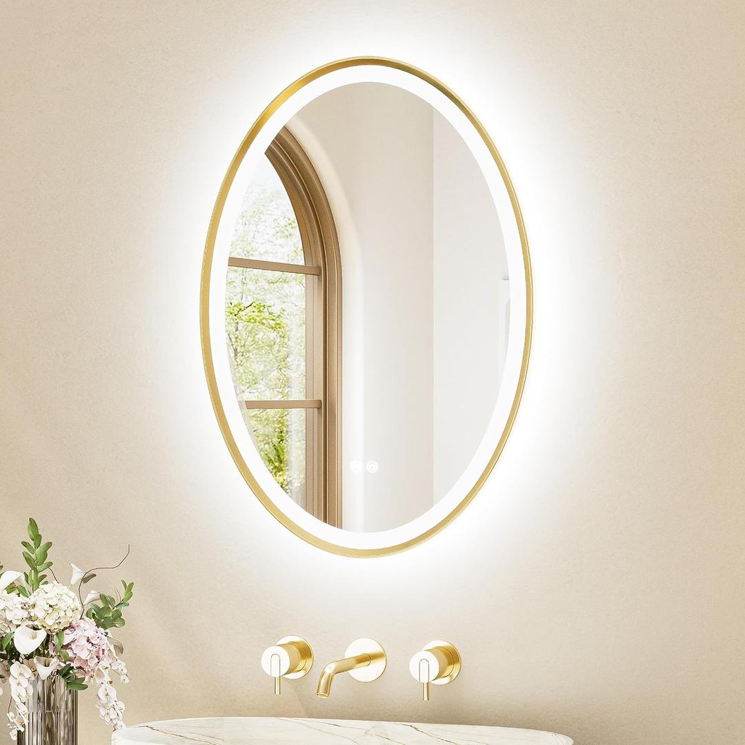 TETOTE Gold Oval Led Mirror with Lights 20" x 28" Metal Framed Oval Lighted Bathroom Vanity Mirror Wall Mounted, Front and Backlit 3 Color Stepless Dimmable Anti Fog, Shatterproof, CRI 90+