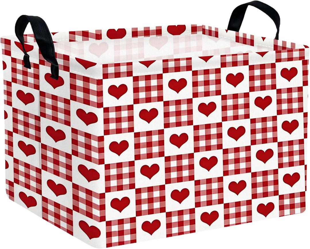 Large Valentine's Day Basket Heart Shaped Storage Bin for Gifts Collapsible Organizer Room Decor (Grid Love)