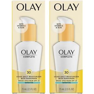 Pack of 1 Olay Face Moisturizer, Complete with Sunscreen SPF 30, Fragrance-Free for Sensistive Skin, Broad Spectrum Sun Protection, Long-Lasting Hydration, Non-Comedogenic - Vitamin E & Aloe - 2.5 Oz 