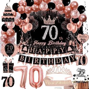 Rose Gold 70th Birthday Decorations for Women - Backdrop, Sparkle Crown Sash, Happy 70th Birthday Banner, Cake Topper, 70 Number Balloons, Hanging Swirl Decorations - 70pcs