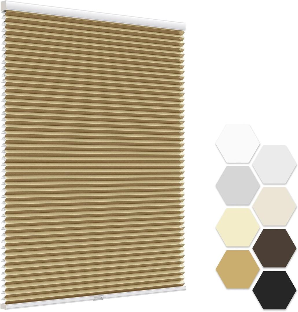 LazBlinds No Tools No Drill Cordless Cellular Shades, Light Filtering Honeycomb Shades Pleated Blinds for Window Size 21" W x 48" H, Brown