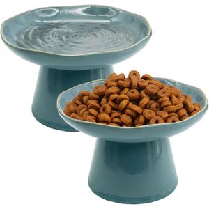 VCEPJH Elevated Cat Bowls 6.1in Shallow Cat Food Plate Pack of 2 Ceramic Raised Cats Dish Flat Anti Whisker Fatigue Wide Pet Food & Water Feeder for Indoor Kitty Kitten (Blue)