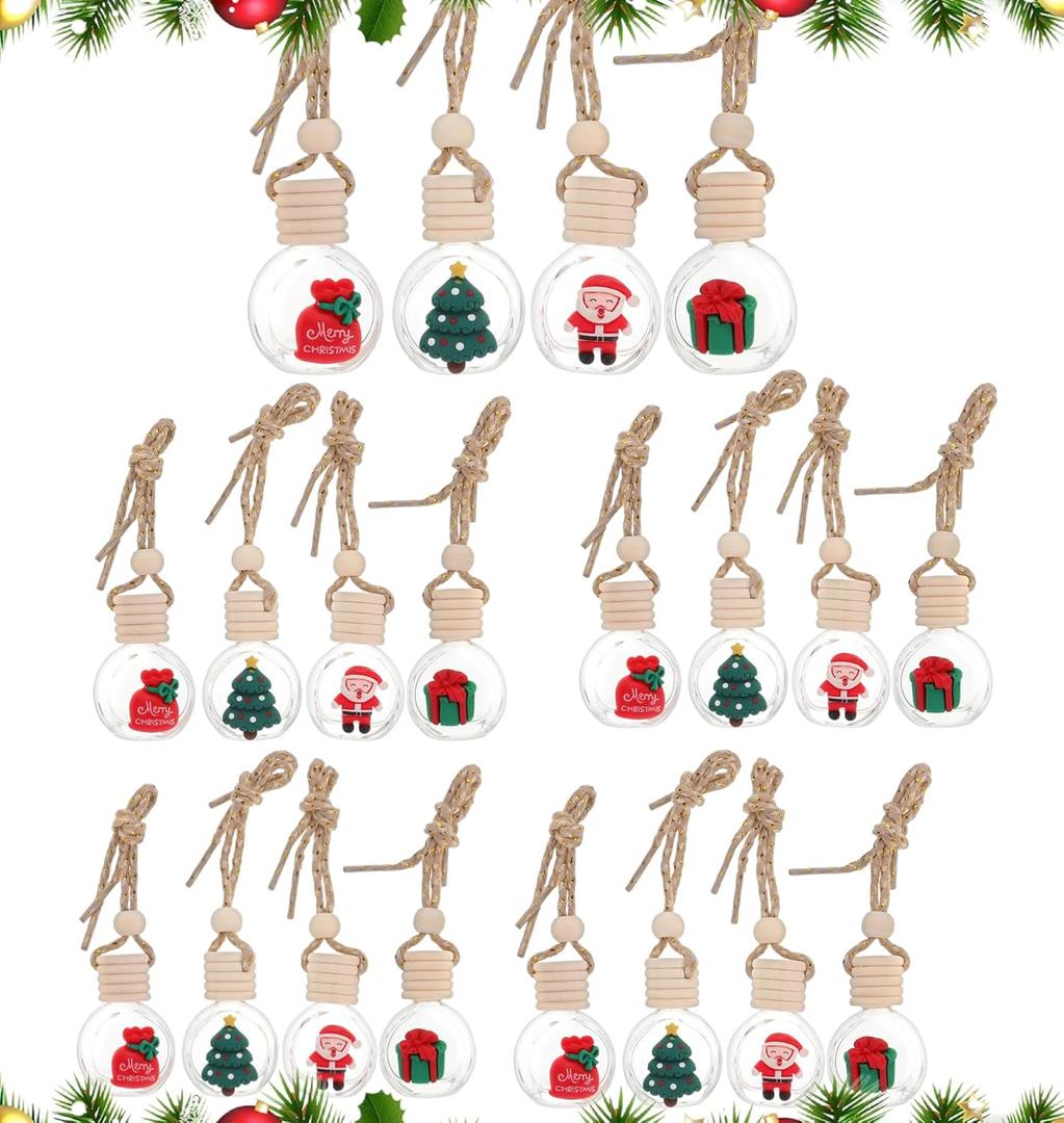 20 Pcs Hanging Car Air Freshener Diffuser Bottles, Empty Glass Perfume Essential Oil Bottle, Christmas Car Air Freshener Clear Diffuser Pendant for Holiday Decoration