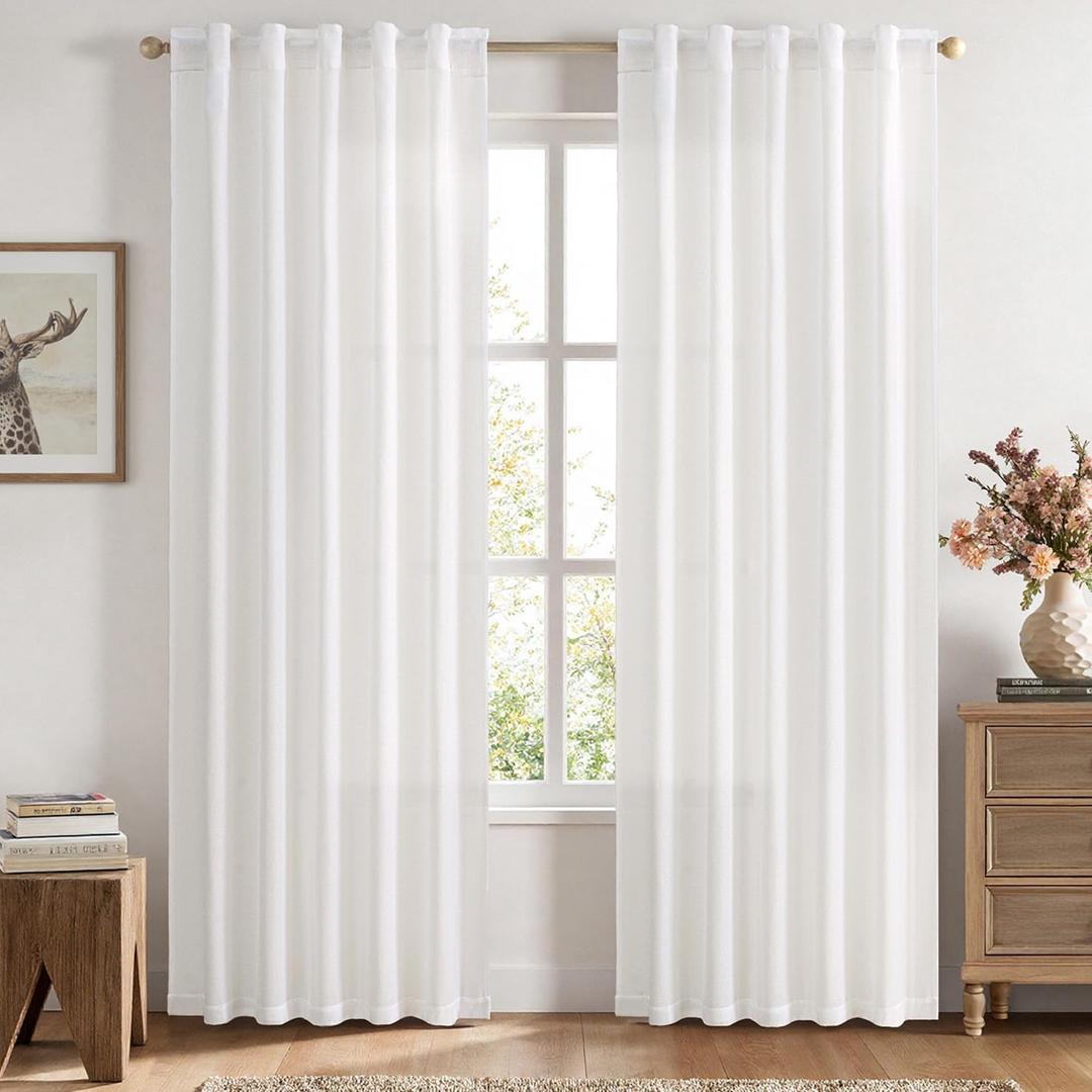 MIULEE Faux Linen Curtains 84 Inch Length 2 Panels Heathered White Semi Sheer Curtain with Back Tab Rod Pocket, Light Filtering Window Privacy Burlap Drapes for Living Room Bedroom 42W x 84L