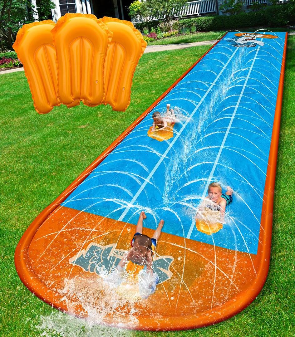 Spring Water Slip and Water Slide for Kids Backyard, 22ft*3 Racing Lanes Slip Water Slides with Sprinkler for Age 5-8 8-12, Summer Outdoor Water Toy with 3 Inflatable Bodyboards, 22ft-Triple Lane