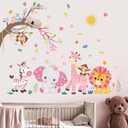 Pink Forest Baby Animals Wall Decals - Elephant Lion Giraffe Monkey Zebra Wall Stickers - Nursery Kids Girls Boys Room Daycare Playroom Classroom Wall Decor