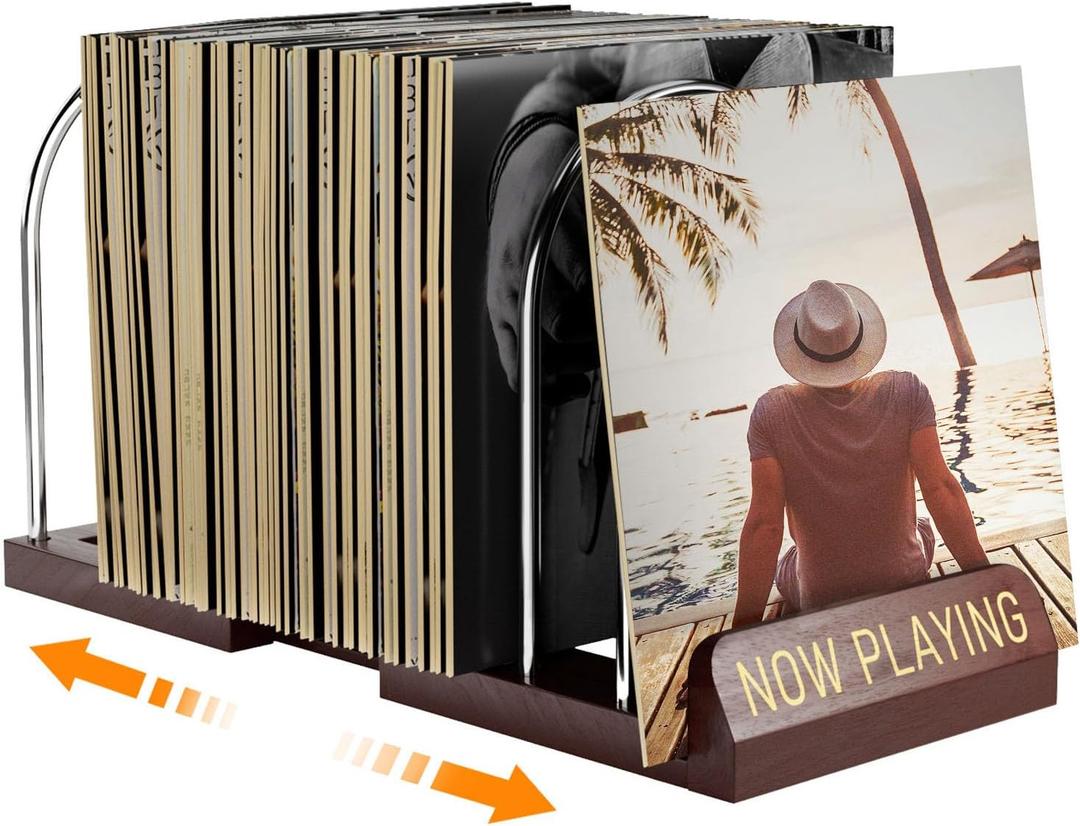 HULISEN Expandable Vinyl Record Storage, 30-70 LPs Adjustable Now Playing Record Holder for Albums, Wood Now Spinning Vinyl Record Stand Display Rack Organizer, Gift Package, Effortless Assembly