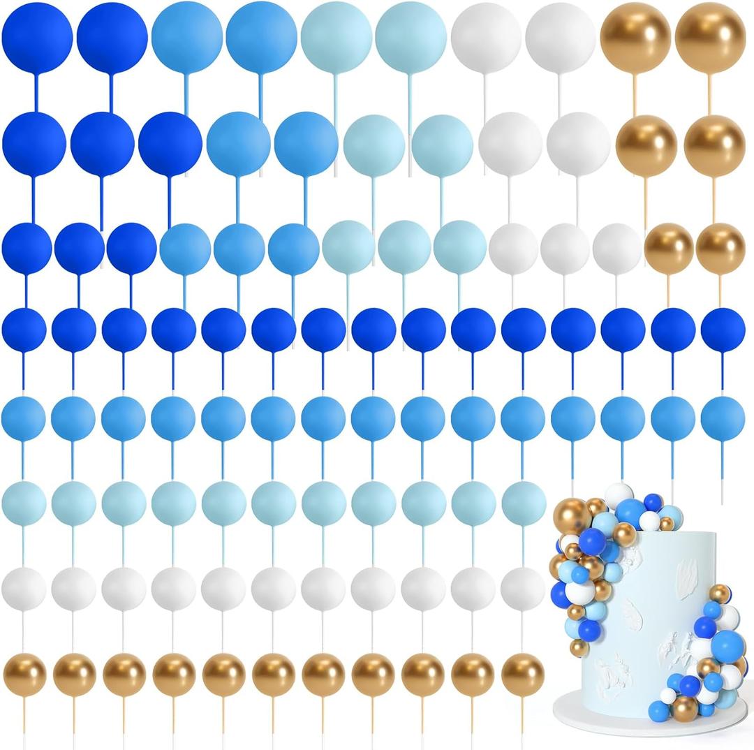 Bouiexye 75 Pieces Cake Balls Topper Decorations Foam Cupcake Topper Mini Balloon Cake Topper Balls Cake Picks for Cake Deco Birthday Party Wedding (Blue Gold White Series）