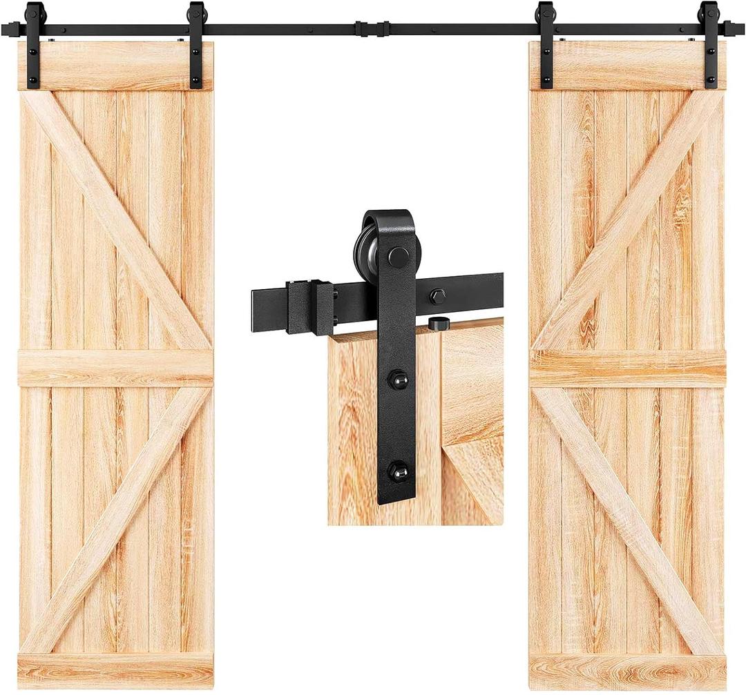 EaseLife 8 FT Double Door Sliding Barn Door Hardware Track Kit,Basic J Pulley,Heavy Duty,Slide Smoothly Quietly,Easy Install (8FT Track Kit for Double 24" Wide Door), Black 