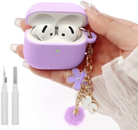 Compatible with AirPods 4 Case, Premium Soft Silicone Protective Case Cover for Apple AirPods 4th Generation with Cleaner Kit, Carabiner and Keychain Accessories for Women Girls
