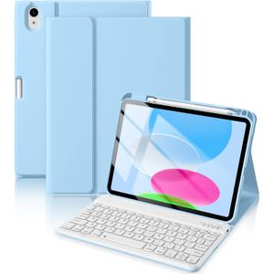 iPad 10th Generation Case with Keyboard 10.9 Inch 2022/iPad (A16) 11th Gen 11 Inch 2025 - Magnetic Detachable Keyboard, Stain Proof Cover, Smart Folio Case with Pencil Holder - Sky Blue