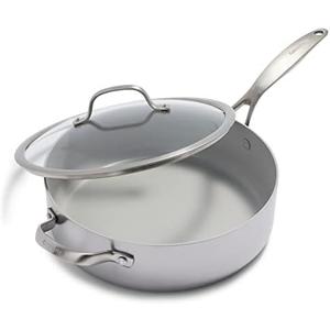 GreenPan Venice Pro Tri-Ply Stainless Steel Healthy Ceramic Nonstick 5QT Saute Pan Jumbo Cooker with Helper Handle and Lid, PFAS-Free, Multi Clad, Induction, Dishwasher Safe, Oven Safe, Silver