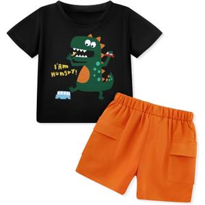 Toddler Baby Boy Summer Clothes Short Sleeve T-Shirt Tops and Elastic Cargo Shorts with Pockets for 18M-6 Years (A Black Orange Dinosaur)