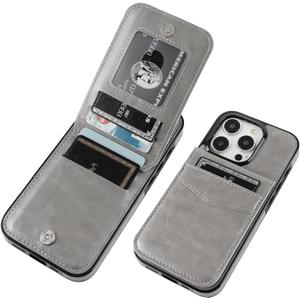 KIHUWEY Compatible with iPhone 15 Pro Case Wallet with Credit Card Holder, Flip Premium Leather Magnetic Clasp Kickstand Heavy Duty Protective Cover for iPhone 15 Pro 6.1 Inch (Gray)