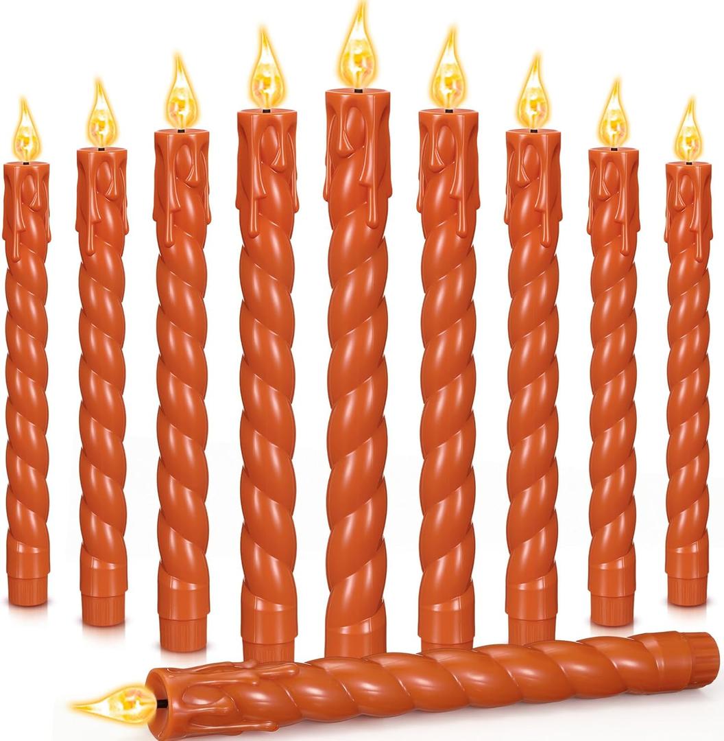 CHENGU 12 Pcs LED Taper Candles Flameless Battery Dripless Dinner Candles for Thanksgiving Day, Weddings, Church, Hanukkah, Christmas, Autumn, New Year Celebration(Spiral Orange,Spiral)