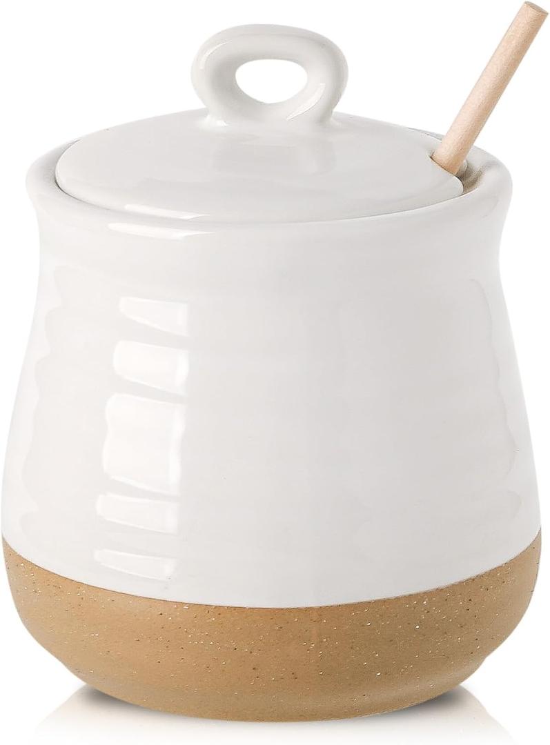 HASENSE Ceramic Honey Pot with Lid and Dipper Stick, 12 Ounce HoneyJar Dish for Home Kitchen, Farmhouse Honey Container for Mother's Day Gift, Dishwasher Safe, White