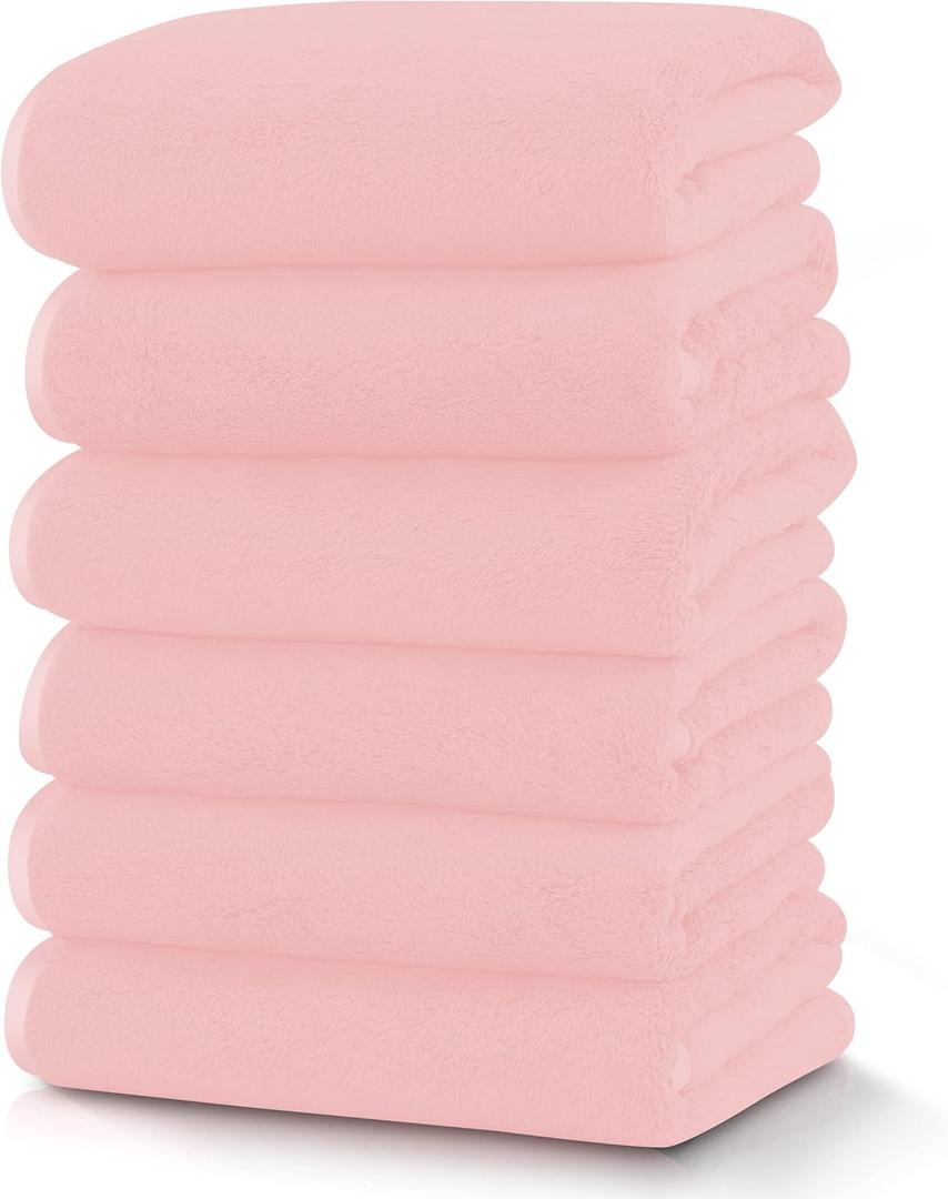 TENSTARS Silk Hemming Hand Towels for Bathroom - Quick Drying - Ultra Soft Microfiber Absorbent Towel for Bath Fitness, Gym, Shower, Hotel, and Spa - 16x28 Inch | Set of 6, Pink