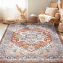 BESTSWEETIE 5x7 Area Rugs for Living Room Washable Non Slip Carpet Low Pile Soft Vintage Print Pattern Rug for Bedroom Dining Room Kitchen Entryway Indoor-Brick/Blue/Light Ivory