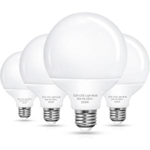 EvaStary G25 LED Globe Light Bulbs, 6W LED Vanity Bathroom Light Bulb 60W Equivalent Daylight White 5000K for Mirror Round Makeup Lights, 85-265V CRI85+ E26 Base, Non-dimmable, 4 Pack