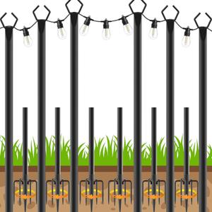 6 Pack String Light Poles, Outdoor String Light Pole 10 ft Forked Metal Light Pole with Adjustable Outdoor Light Stand, Deck, Backyard, Garden, Wedding, Rustproof and Sturdy with Hooks.