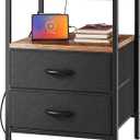Huuger Night Stand with Charger Station, 27.7 Inch Tall Nightstand, Bed Side Table with 2 Fabric Drawers, Fabric Drawer Dresser for Bedroom, Living Room, Rustic Brown and Black