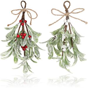 Christmas Mistletoe Decor, 2 Pcs Artificial Mistletoe Ornament Mistletoe Hanging Decorations Glitter Christmas Tree Accessories Artificial Dry Leaf Hanging Decoration for Tree Door (Red+white)
