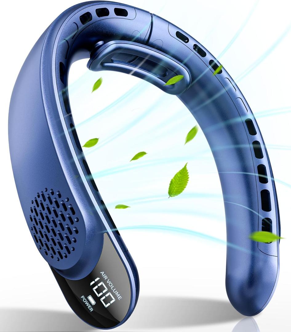 FrSara Portable Neck Fan Rechargeable, Neck Fans that Blow Cold Air, Personal Neck Cooler with 4000mAh, LED Display, 3 Speeds, USB TYPE-C, Ideal Gift for Women, Travel, Men, Sports, Denim