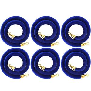 Woanger 6 Pack Velvet Stanchion Rope, 5 Feet Crowd Control Stanchion Ropes Safety Barrier with Gold Plated Hook for Carpet Events Movie Theaters Grand Openings Hotels Party(Blue)