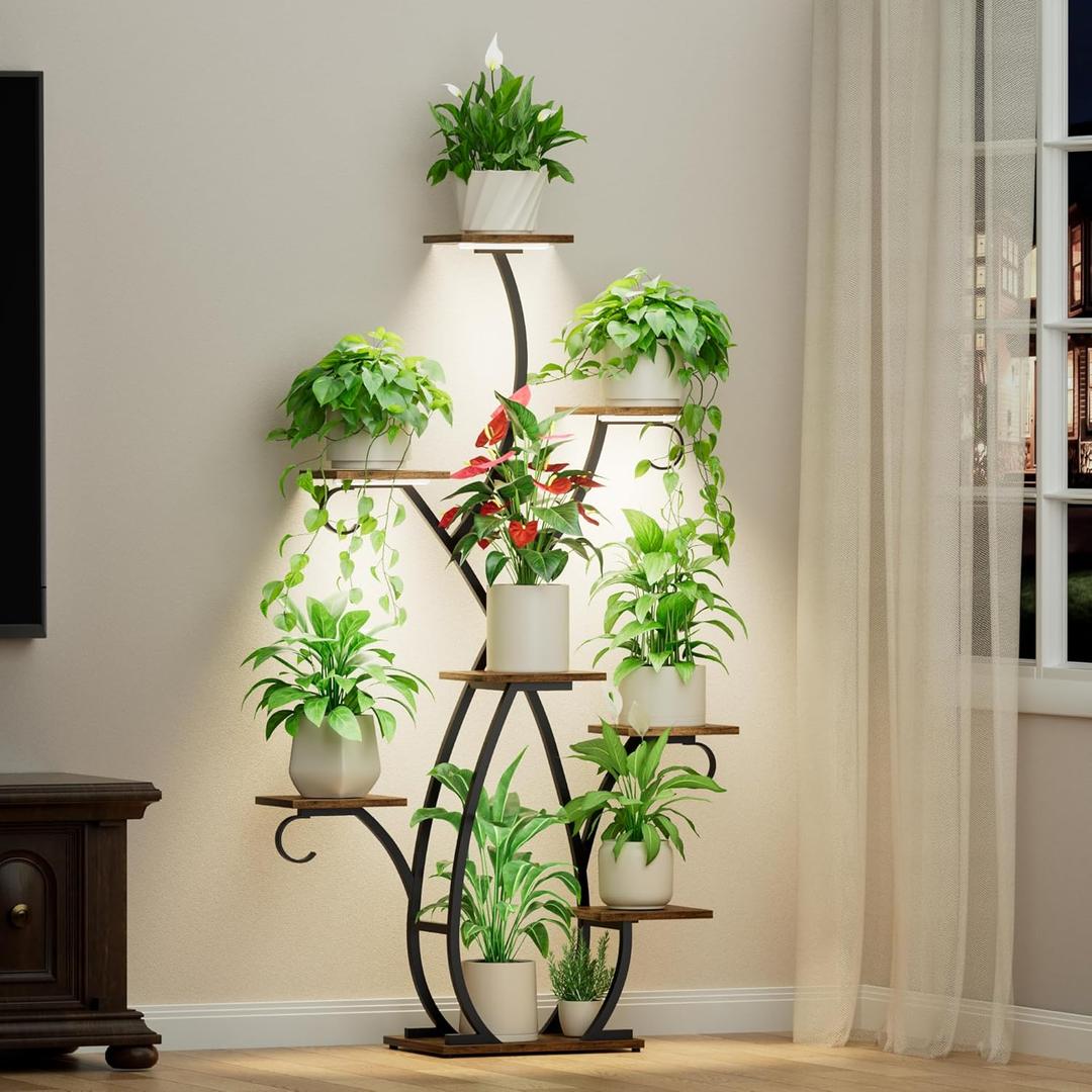 Plant Stand Indoor with Grow Lights - 58" Tall Plant Shelf Indoor, 8 Tiered Corner Lighted Plant Stand for Indoor Multiple Plants, Metal Flower Stands Display Rack for House, Patio, Black