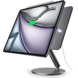 LULULOOK [Upgrade Magnetic Wireless Charging Stand for iPad Pro 12.9 3rd/4th/5th/6th, Foldable Aluminum Alloy Desk Arm Mount with 360 Rotating Base for iPad Air 13" M4(2026)/M3/M2, Cable Included