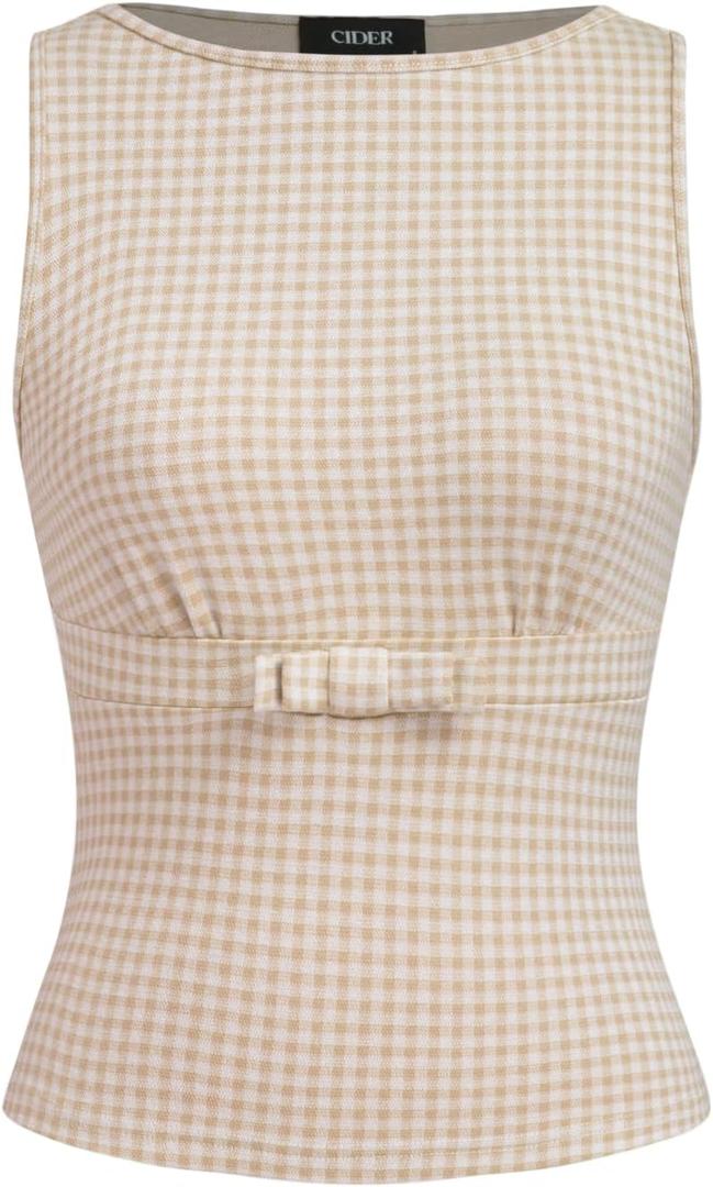 CIDER Gingham Tops for Women Plaid Going Out Tops Sleeveless Cute Tank Bow Summer Shirt (X-Small, Ivory)