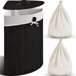 Gueevin Corner Bamboo Laundry Hamper with Lid and Removable Liner Corner Bamboo Laundry Basket with Handle Washing Clothes Basket Storage Bin for Bedroom Bathroom(Black,Vertical Slatted)
