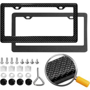 DCRCFIBER Real Carbon Fiber License Plate Frame, 100% Pure Carbon Fiber Frame, Black License Plate Holder Cover with Screw Caps, Anti-Vibration Pads, (Twill 2 Hole)