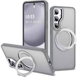 for Samsung Galaxy S24 FE Case with 360 Rotatable Magnetic Ring Stand Compatible with Mag-Safe Military Protection Shockproof Matte Translucent Phone Cases for S24 FE,Gray