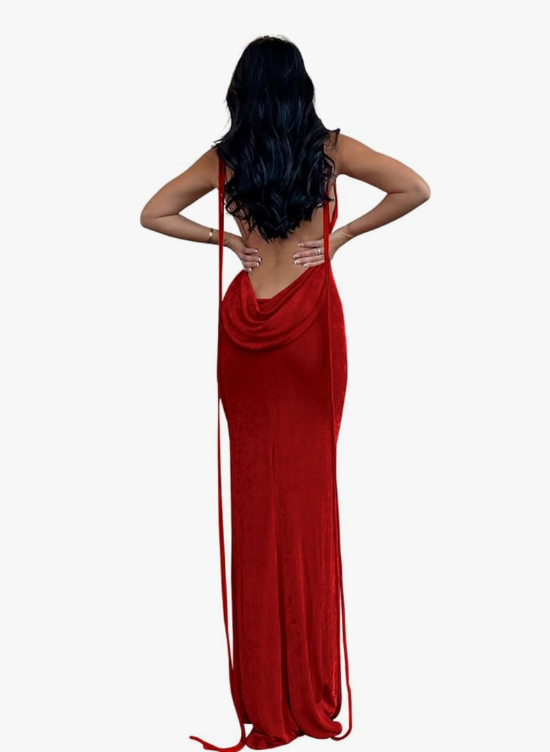 Womens Summer Backless Bodycon Dress Halter Cowl Neck Slip Spaghetti Strap Sexy Cocktail Party Maxi Dresses, Size M, Red