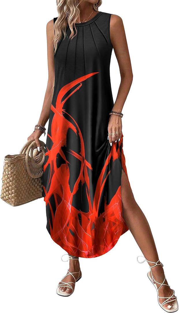 Zeagoo Women Floral Summer Casual Beach Printed Tank Dress with Pockets Pleated Front Long Dress, XL
