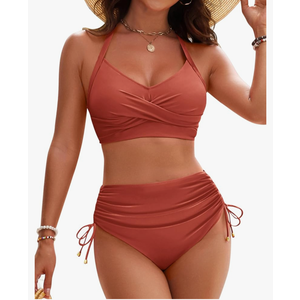 Blooming Jelly Womens High Waisted Bikini Sets Drawstring Tummy Control Swimsuits Crisscross Tie Back Bathing Suit XL